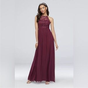 Kennedy Blue Sequin & Bead Illusion Lace And Chiffon Halter A-Line Gown. 6.NWT.